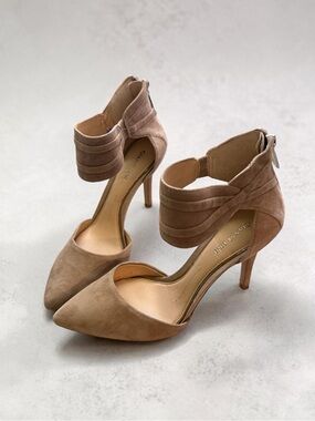 Gianni Bini Taupe Suede Pointed-Toe Ankle-Strap Heels